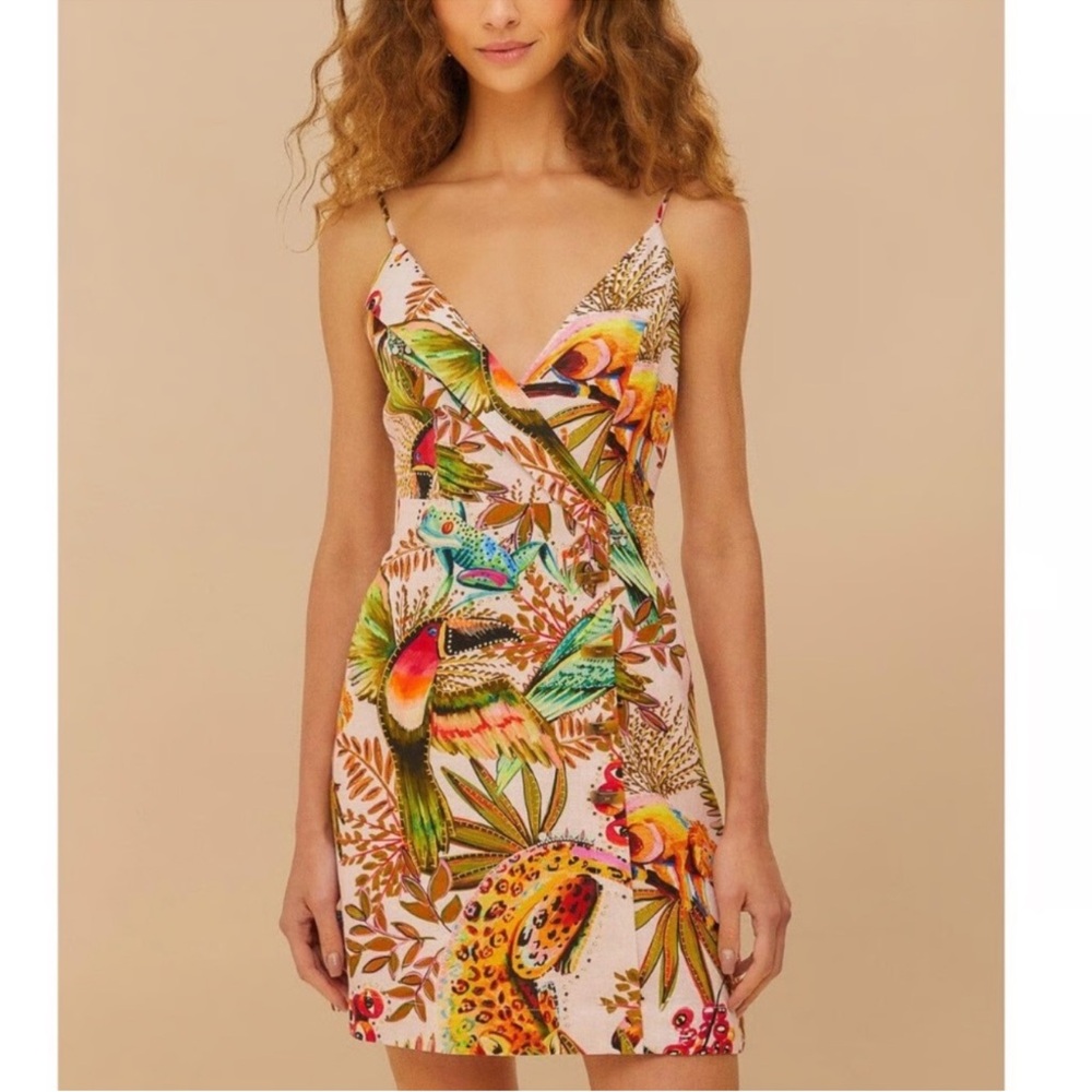 FARM Rio Pink Tropical Parrot & Leopard Print Slip Dress